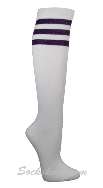 Glitter Purple Stripes on White Knee Hi socks for woman