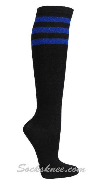Black Women Fashion 3 Glitter Blue Stripes Knee High Socks