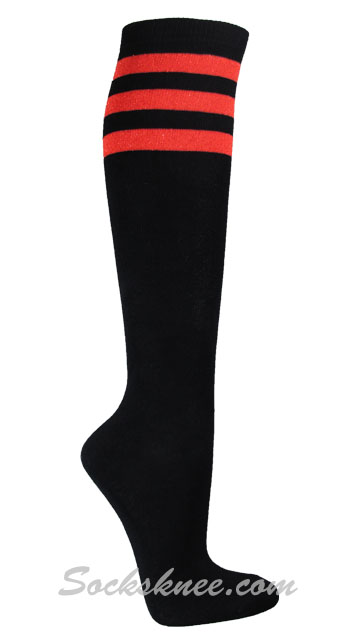 Black Vivid Ladies 3 Glitter Red Stripes Knee High Socks
