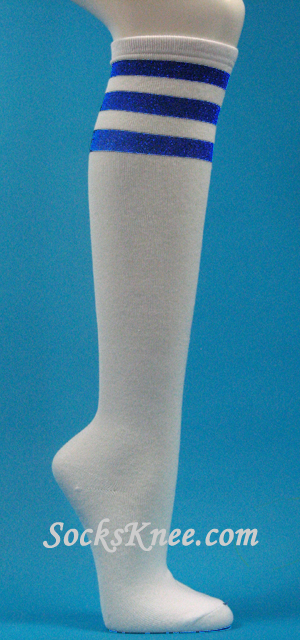 Glitter Blue on White stripe knee high socks for women