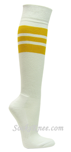 White cotton knee socks with golden yellow stripes for sports - Click Image to Close
