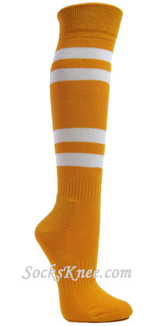 Gold yellow striped knee socks w 4white stripes for sports - Click Image to Close