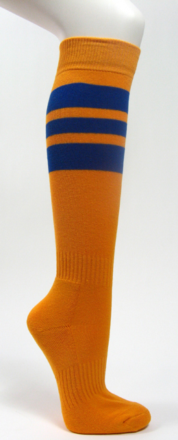 Golden yellow cotton knee socks with blue stripes for sports - Click Image to Close
