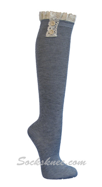 Gray Vintage style knee high sock with crochet lace