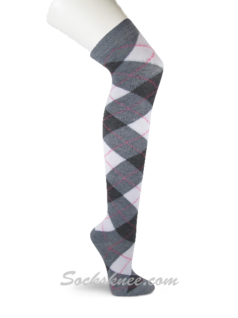 Gray White Charcoal Ladies Women Argyle Over the knee Socks - Click Image to Close