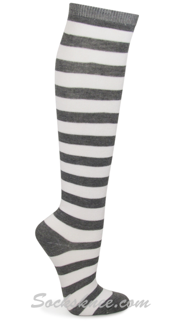 Gray and White Wider Striped Knee Socks