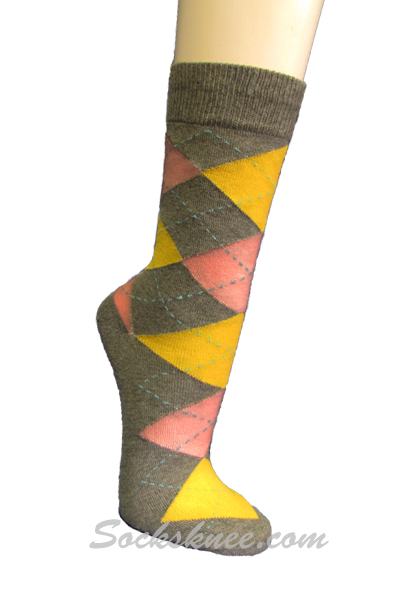 Gray Yellow Pink Argyle Mens Cotton Mid-Calf Dress socks