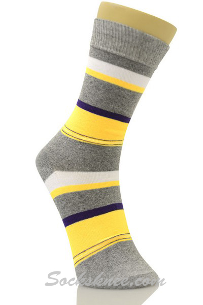 Gray Yellow White Stripes Mens Cotton Dress Socks - Click Image to Close