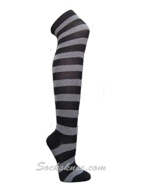 Black and Gray over knee wider striped socks - Click Image to Close