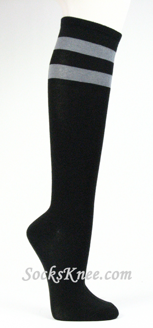 Gray/Grey Striped Black Knee High Socks for Women - Click Image to Close