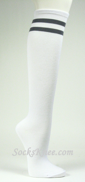 2 Gray/Grey Striped White Knee Socks for Women - Click Image to Close
