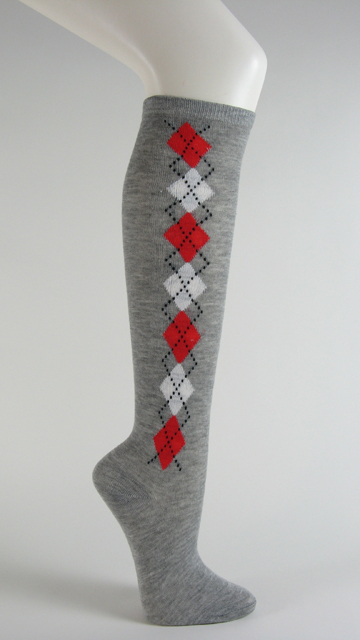 Gray with red and white argyle socks knee high