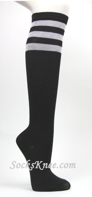 Black with 3 Light Gray Stripes Women's Fashion High Socks