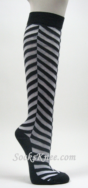 Charcoal Gray White Chevron Herringbone Womens Stripe Knee Sock - Click Image to Close
