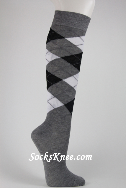 Gray with White Black Argyle socks knee high