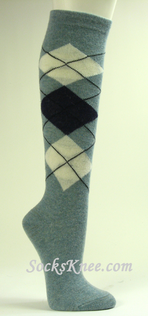Grayish Blue Wool Socks for Women, Argyle Knee High - Click Image to Close