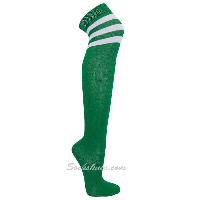 Green with White Triple Stripes Women Cosplay Over Knee Socks - Click Image to Close