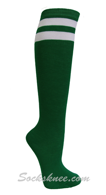 Green and 2 White Stripes Knee High Socks for Women & Junior