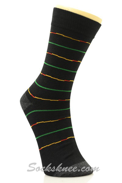 Green Yellow Red Lines in Black Mens Dress Socks