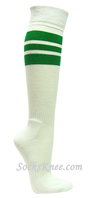 White cotton knee socks with green stripes for sports - Click Image to Close
