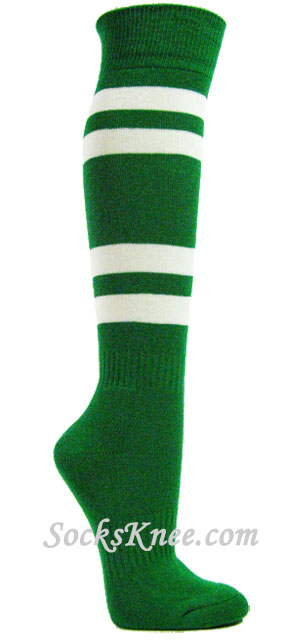 Green striped knee socks w 4white stripes for sports - Click Image to Close