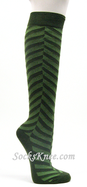 Army Green Green Chevron Herringbone Womens Stripe Knee Sock