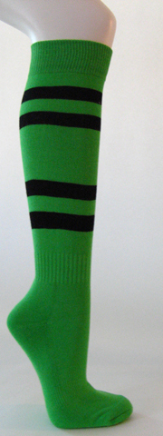 Bright green cotton knee socks with black stripes