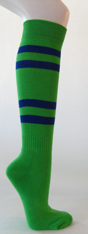 Bright green cotton knee socks with blue stripes