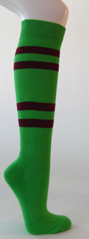Bright green cotton knee socks with maroon stripes