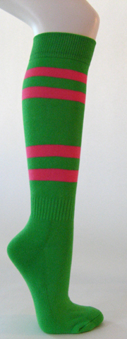 Bright green cotton knee socks with bright pink stripes