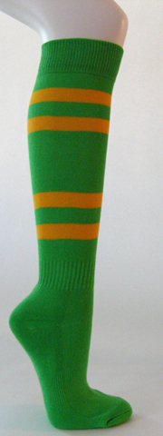 Bright green cotton knee socks with golden yellow stripes