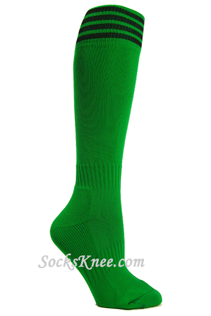 Green youth Football/Sports knee socks w black stripes - Click Image to Close