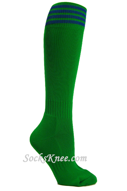 Green youth Football/Sports knee socks with blue stripes - Click Image to Close