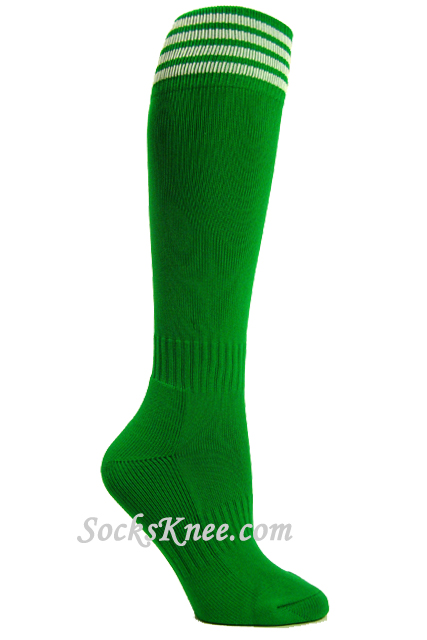 Green youth Football/Sports knee socks w white stripes - Click Image to Close
