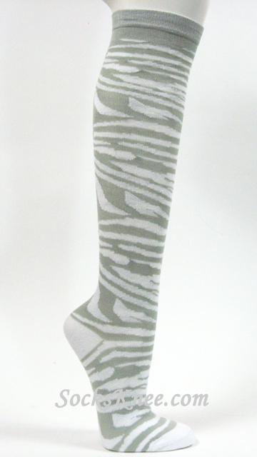 Grey(Gray) White Zebra Striped Women's High Knee Socks