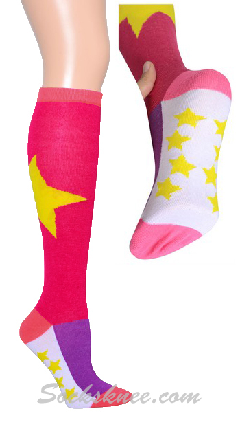 Yellow Bold Star-Mini Stars Hot Pink Knee High Socks