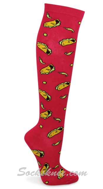 Ladies Hot Pink with Tacos Patterned Stylish Knee High Socks