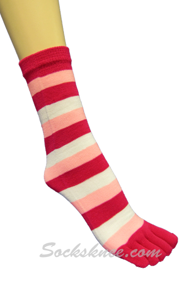 Hot Pink,Light Pink,White Quarter ~ Midcalf Striped Toe Socks