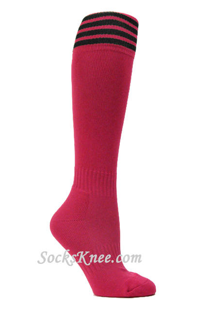 Hot Pink and Black Kid/Youth Football Sport High Socks - Click Image to Close
