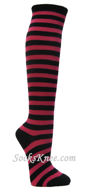 Hot pink black stripe womens knee socks