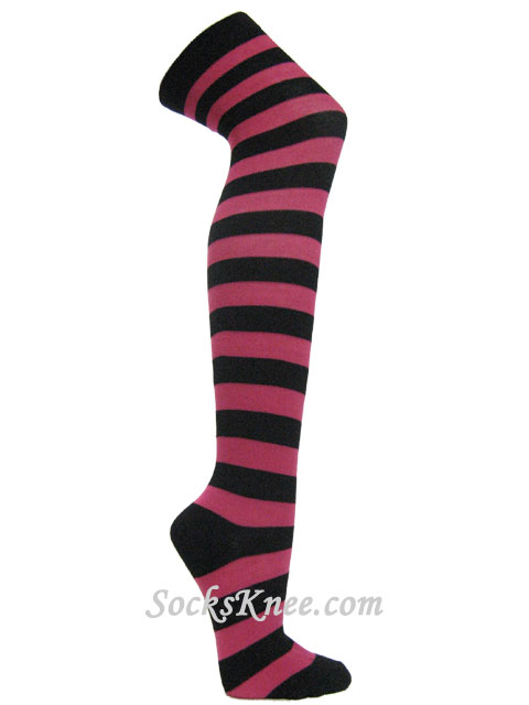 Black and hot pink over knee wider striped socks - Click Image to Close