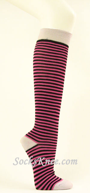 Hot Pink and Black with white welt thin striped knee high socks - Click Image to Close