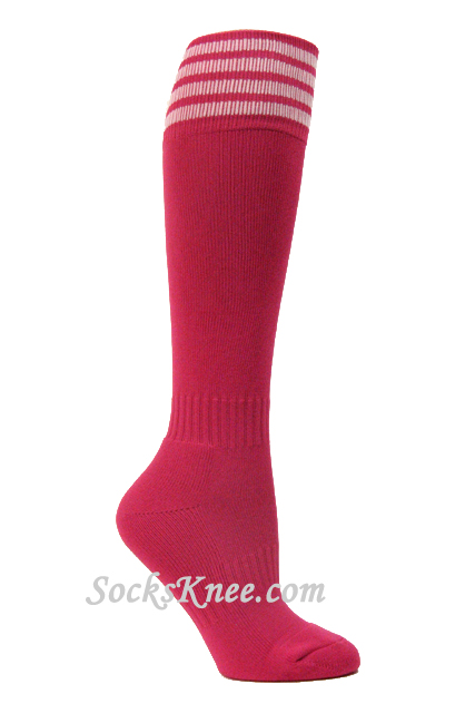 Hot Pink and White Kid/Youth Football Sport High Socks - Click Image to Close