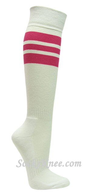 White cotton knee socks with Hot Pink stripes for sports - Click Image to Close