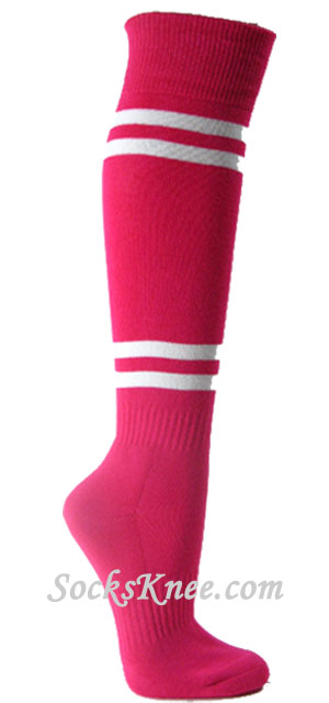 Hot pink striped knee socks w 4white stripes for sports - Click Image to Close