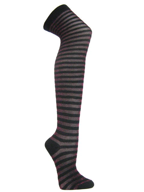 Hot pink black glitter sparkling striped over knee socks - Click Image to Close