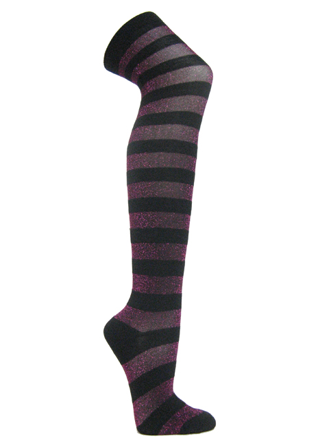 Hot pink black glitter sparkling wide striped over knee socks - Click Image to Close
