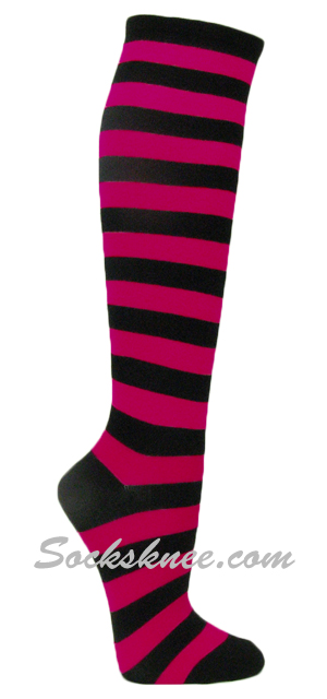Hot pink black stripe womens knee socks - Click Image to Close