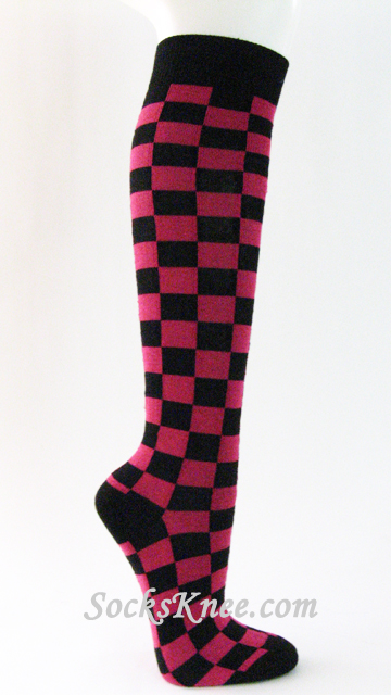 Hot Pink Black Plaid Knee Socks for Women - Click Image to Close