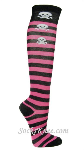 Hot Pink/Black Striped High Socks with Skull and Crossbones - Click Image to Close